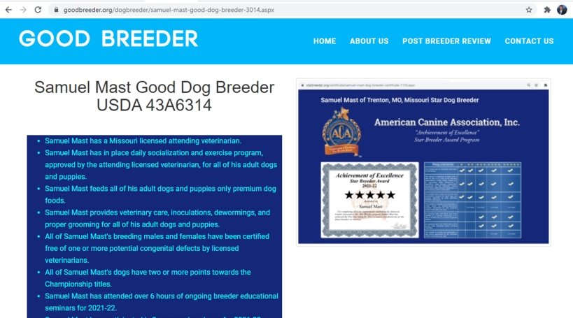 goodbreeder, samuel, mast, dog, breeder, homepage, trenton, mo, missouri, samuel-mast, usda, dog-breeder, 43-A-6314, 43A6314, pet, store, puppy, mill, puppymill, show, breeders, kennels, star, certificate, breeds