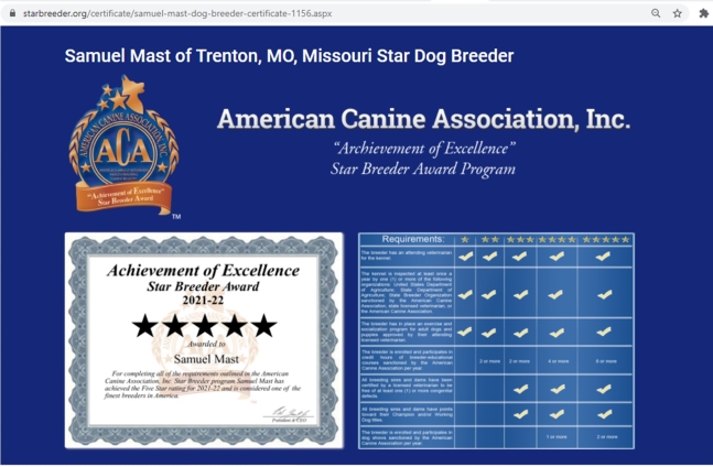 samuel, mast, dog, breeder, star, trenton, mo, missouri, samuel-mast, usda, dog-breeder, 43-A-6314, 43A6314, pet, store, puppy, mill, puppymill, show, breeders, kennels, star, certificate, breeds