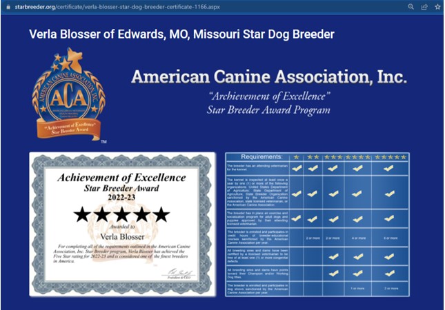 star, verla, blosser, usda, dog, breeder, verla-blosser, dog-breeder, buffalo, mo, missouri, 43-a-4957, 43a4957, inspection, reports, aphis, dealer, puppy, puppies, kennel, mill, puppymill, aca, ica