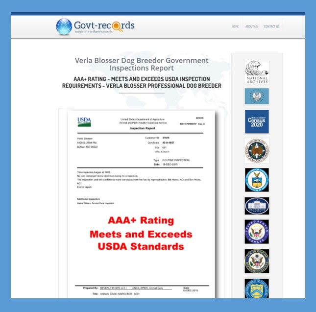 aphis, verla, blosser, usda, dog, breeder, verla-blosser, dog-breeder, buffalo, mo, missouri, 43-a-4957, 43a4957, inspection, reports, aphis, dealer, puppy, puppies, kennel, mill, puppymill, aca, ica